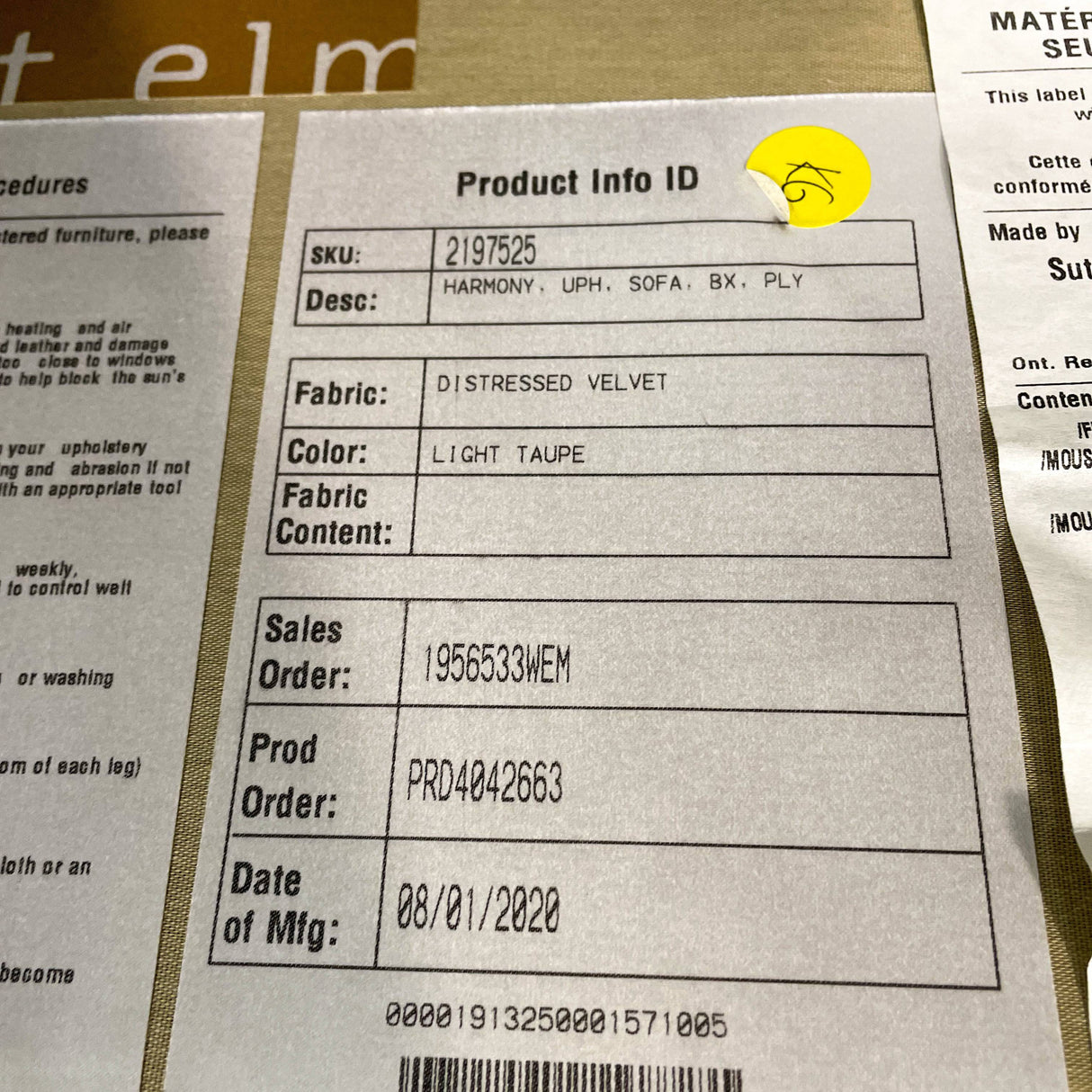 West Elm Harmony 82” Sofa with performance Distressed Velvet fabric - Pull Up A Couch