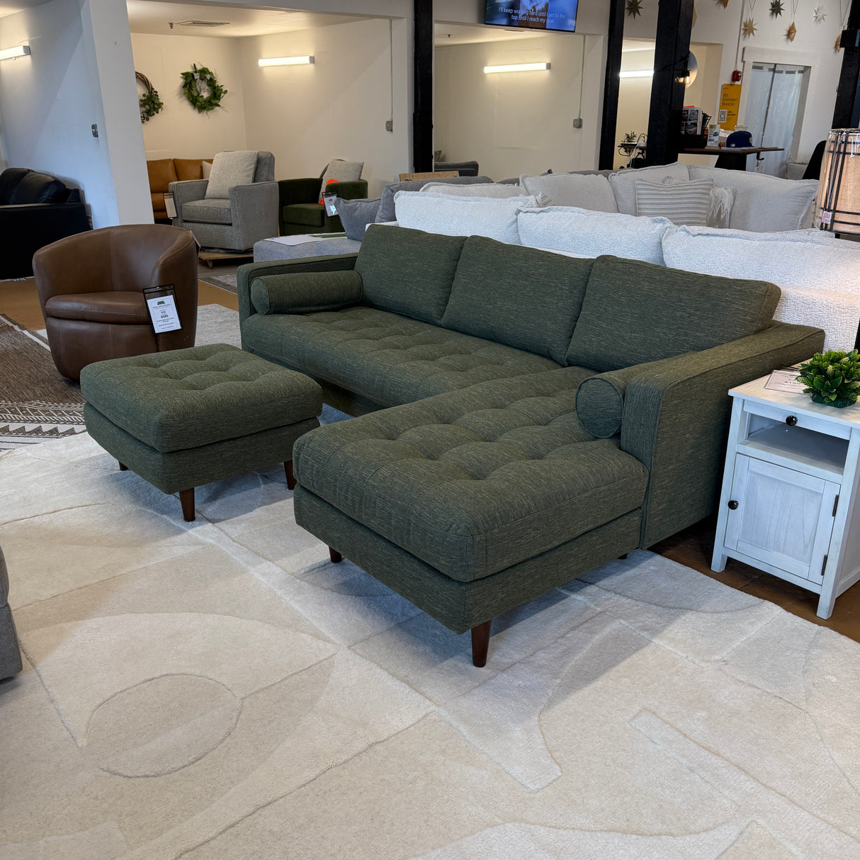Tufted Sectional w/ Chaise + Ottoman (Fir Green)