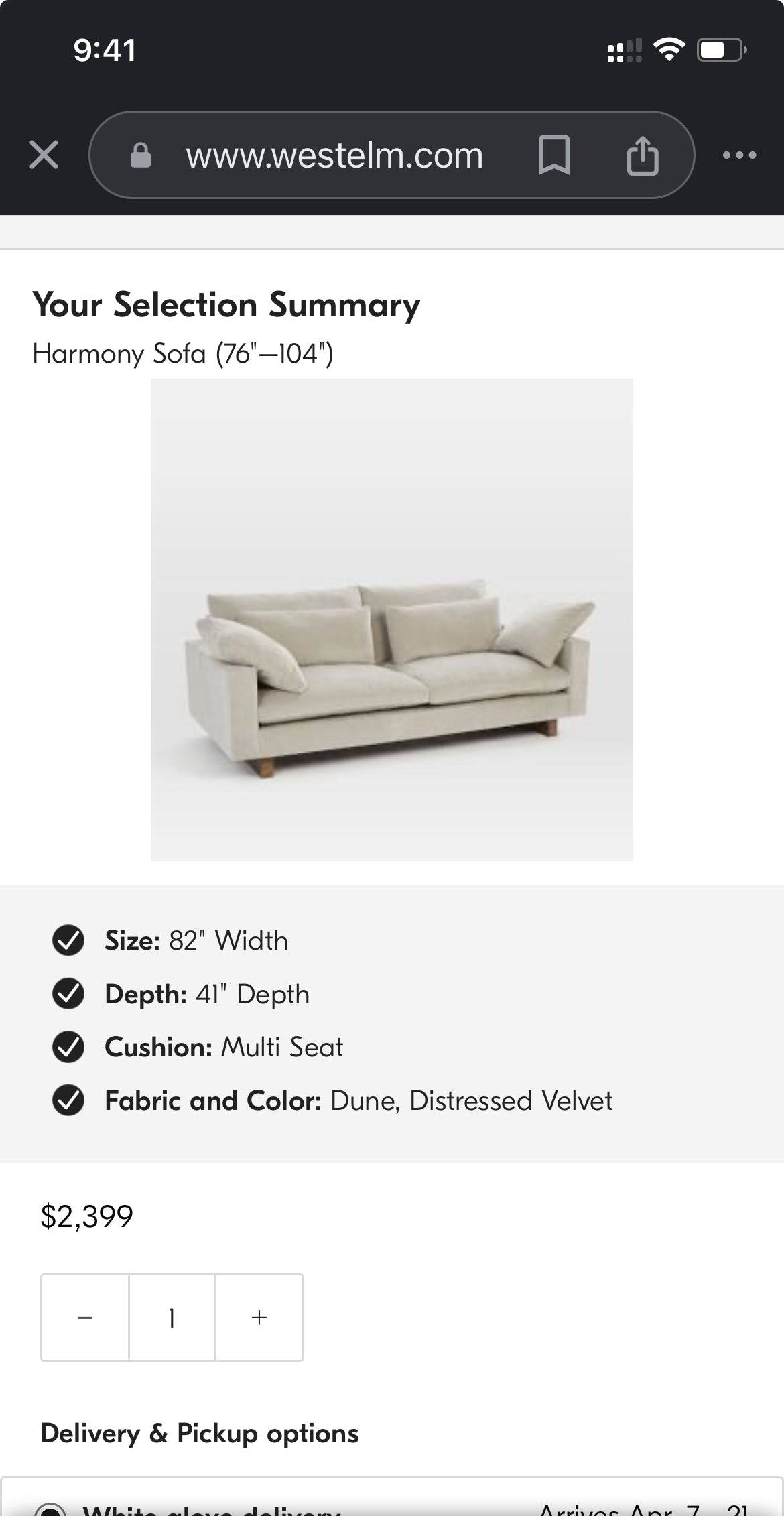 West Elm Harmony 82” Sofa with performance Distressed Velvet fabric - Pull Up A Couch