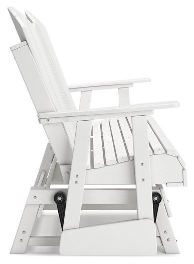 Outdoor loveseat by Ashley Furniture with a cushioned seating area and wooden frame, perfect for relaxing outdoors.