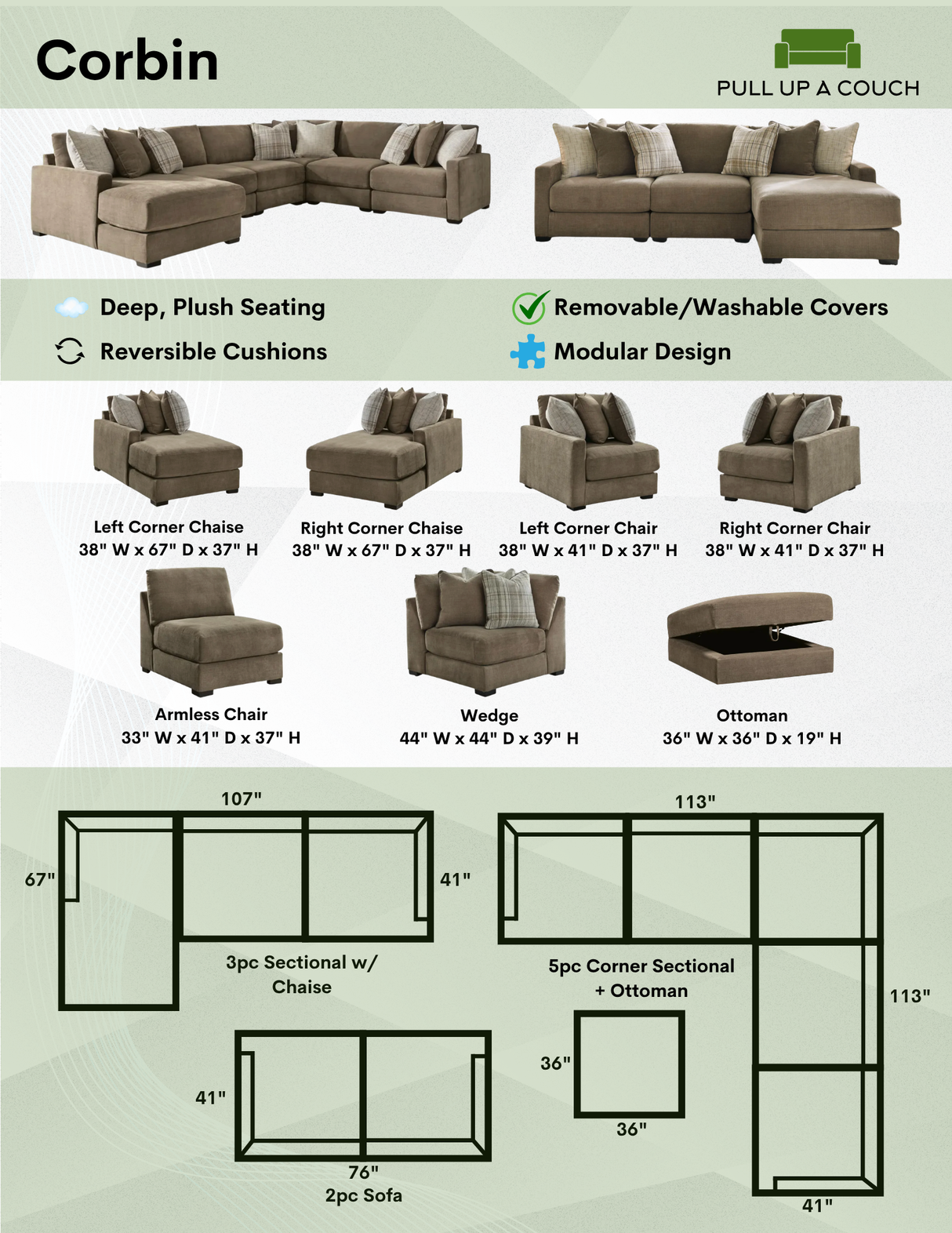 Corbin 2-piece modular loveseat by Ashley Furniture, showing the front view with plush cushions and modern design.