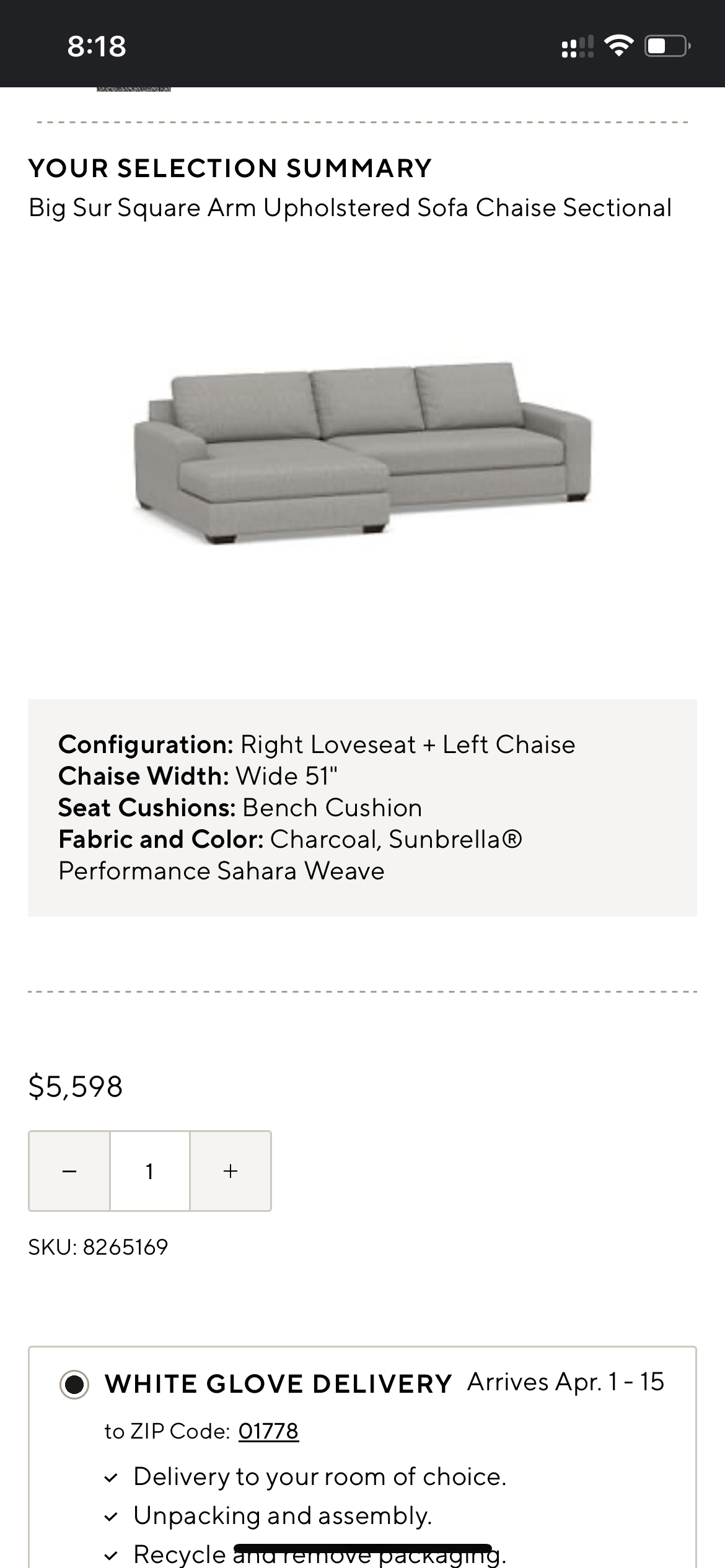 Pottery Barn Big Sur w/Wide Chaise and Sunbrella Fabric - Pull Up A Couch