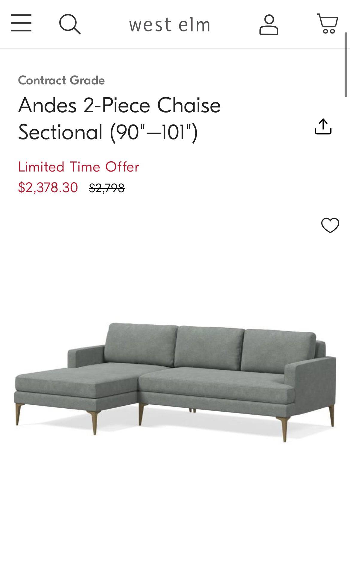West Elm Andes 2pc Sectional w/Chaise - Pull Up A Couch