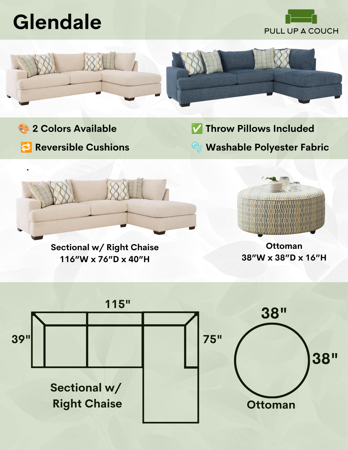 Behold Home Glendale sectional with chaise, 2-piece fabric sofa set shown from front view, modern living room furniture.