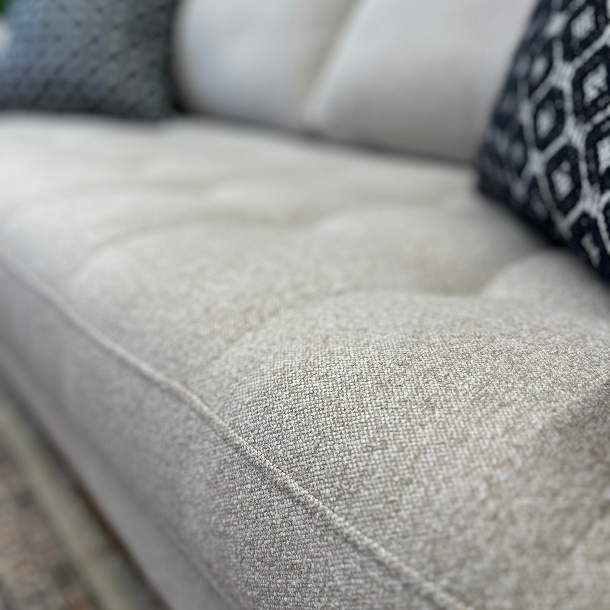 Article Sven sofa with ratine bluff fabric and bench cushion, showcasing a modern living room setup with stylish, comfortable seating.