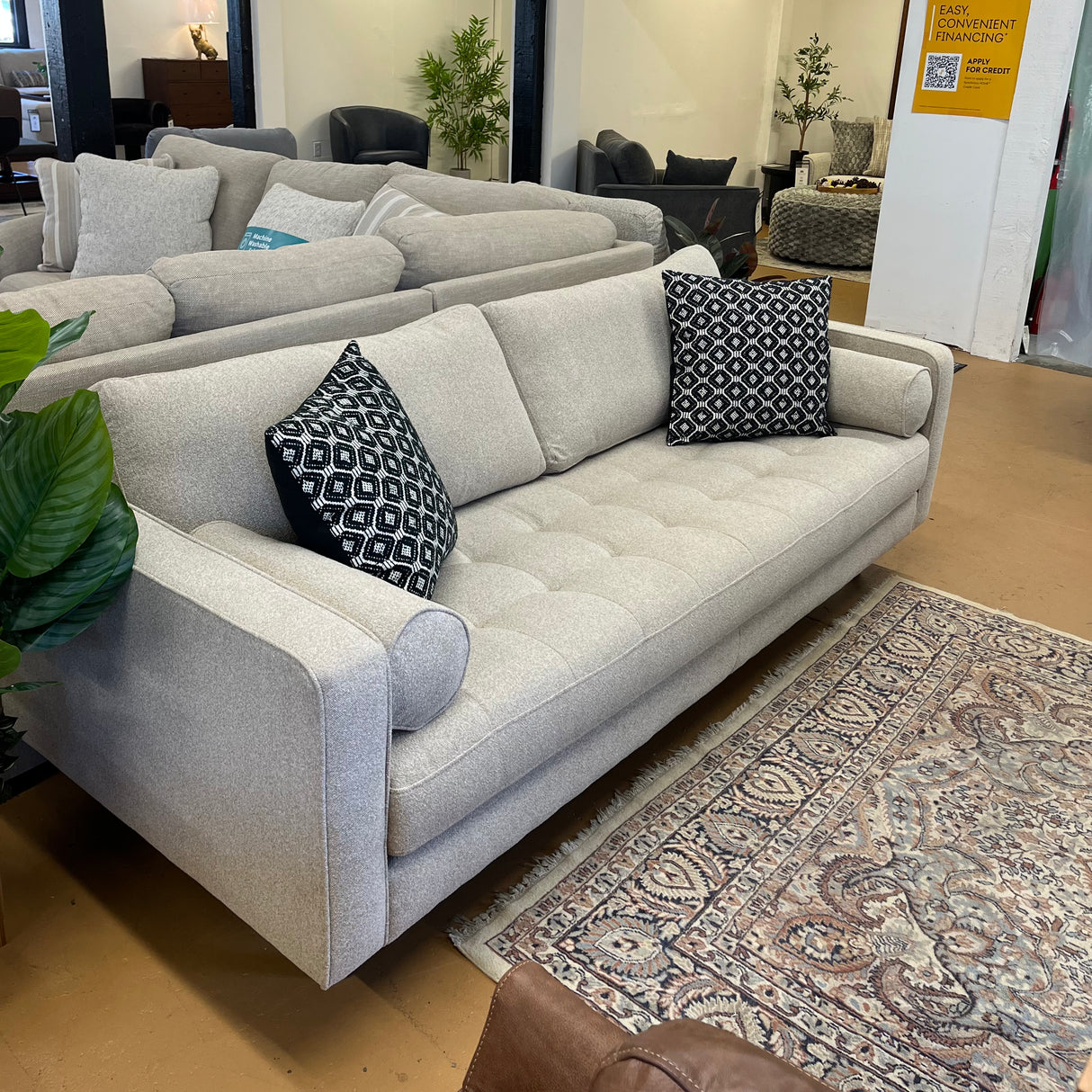 Article Sven sofa with ratine bluff fabric and a matching bench cushion, showcasing a modern, comfortable living room setup.
