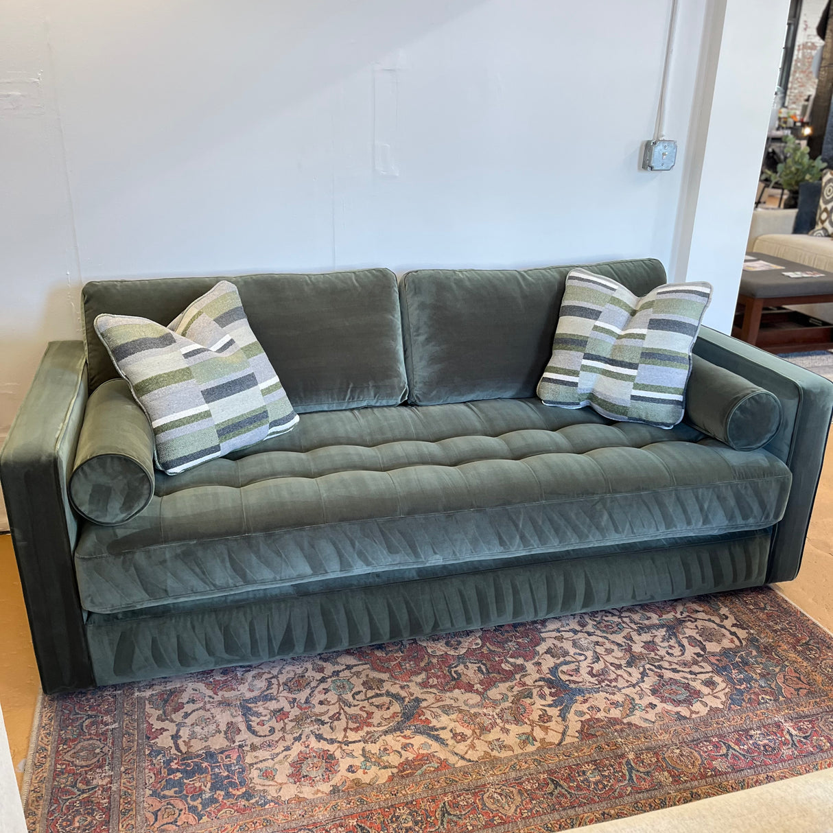 Velvet Sven sofa bed in Pacific Green, a stylish sleeper sofa from Article with plush velvet upholstery and modern design.