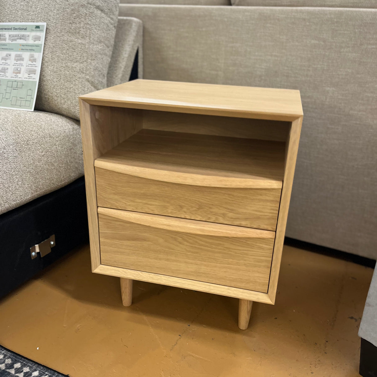 White oak MCM-style nightstand with two drawers, modern design by Article, showcasing sleek wooden finish and functional storage.