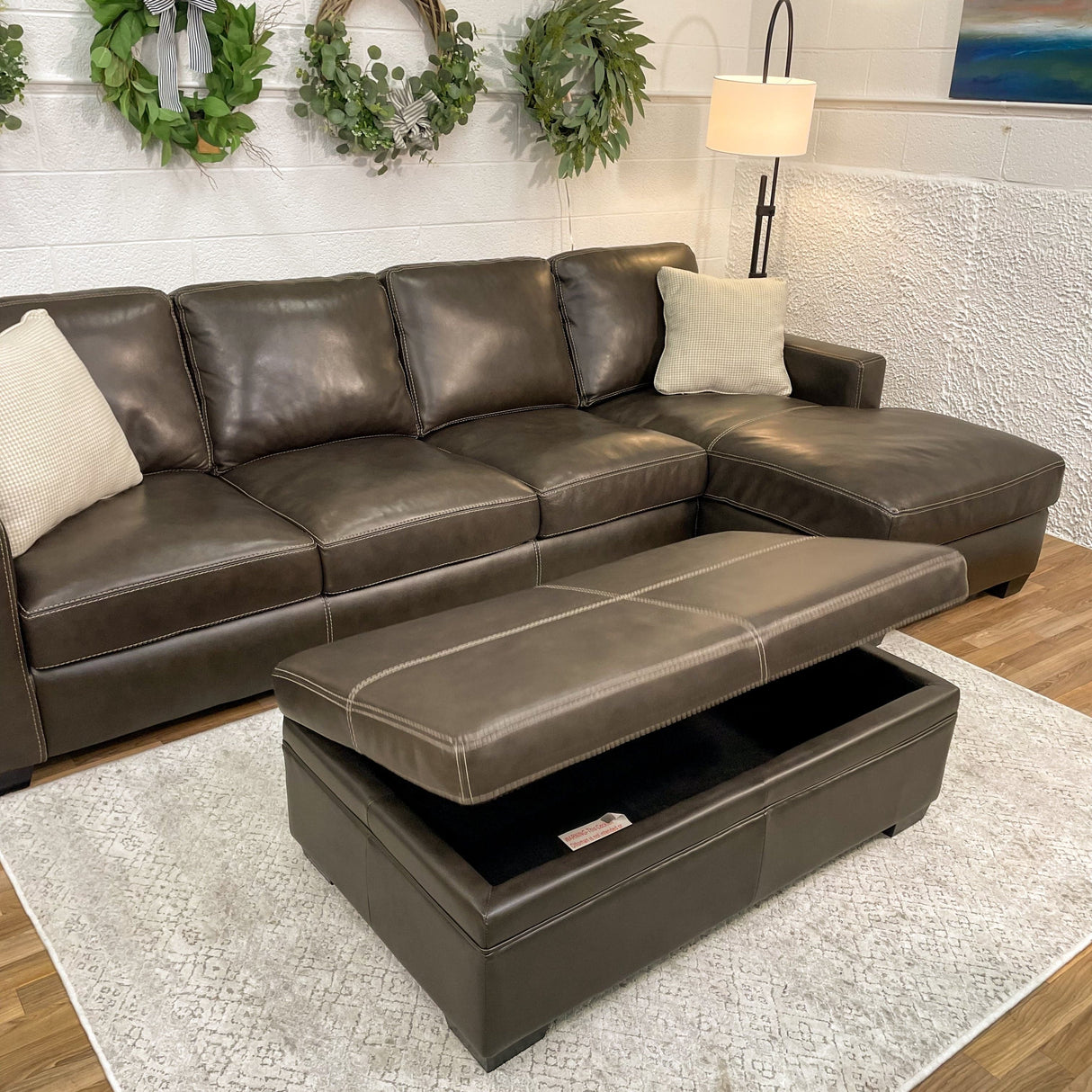 Raymour & Flannigan Real Leather 2pc Sectional with Sleeper, Chaise & Storage Ottoman - Pull Up A Couch