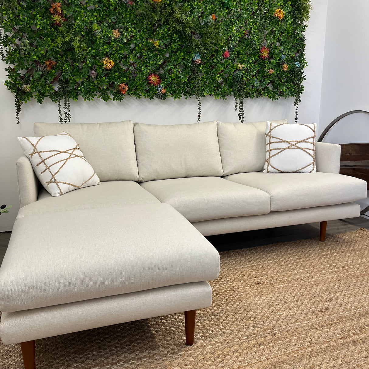 Seasalt Ivory MCM sofa and ottoman set by Article, featuring modern design with plush cushions and wooden legs.