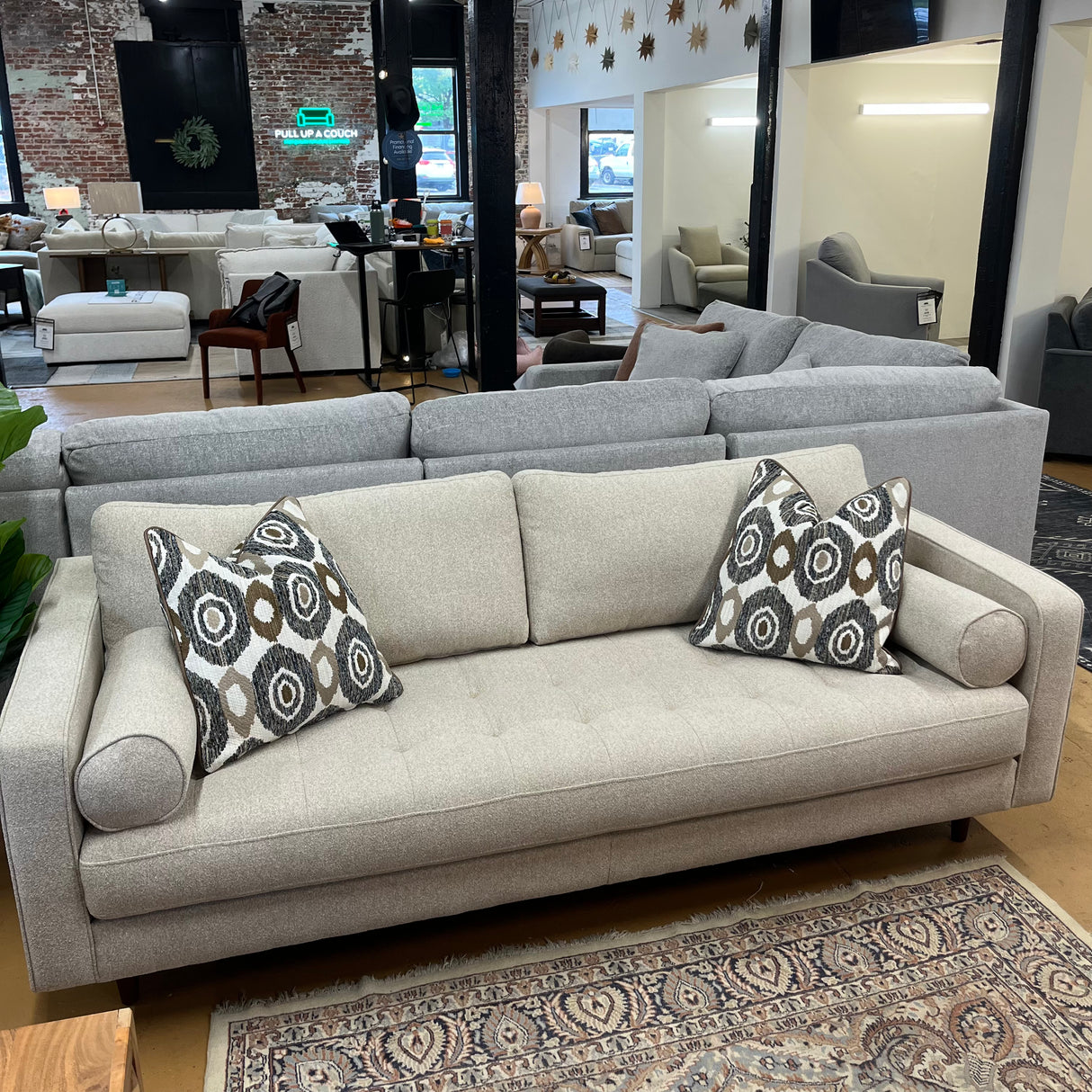 Article Sven sofa with ratine bluff bench cushion, featuring a modern design and plush upholstery for comfortable living space.