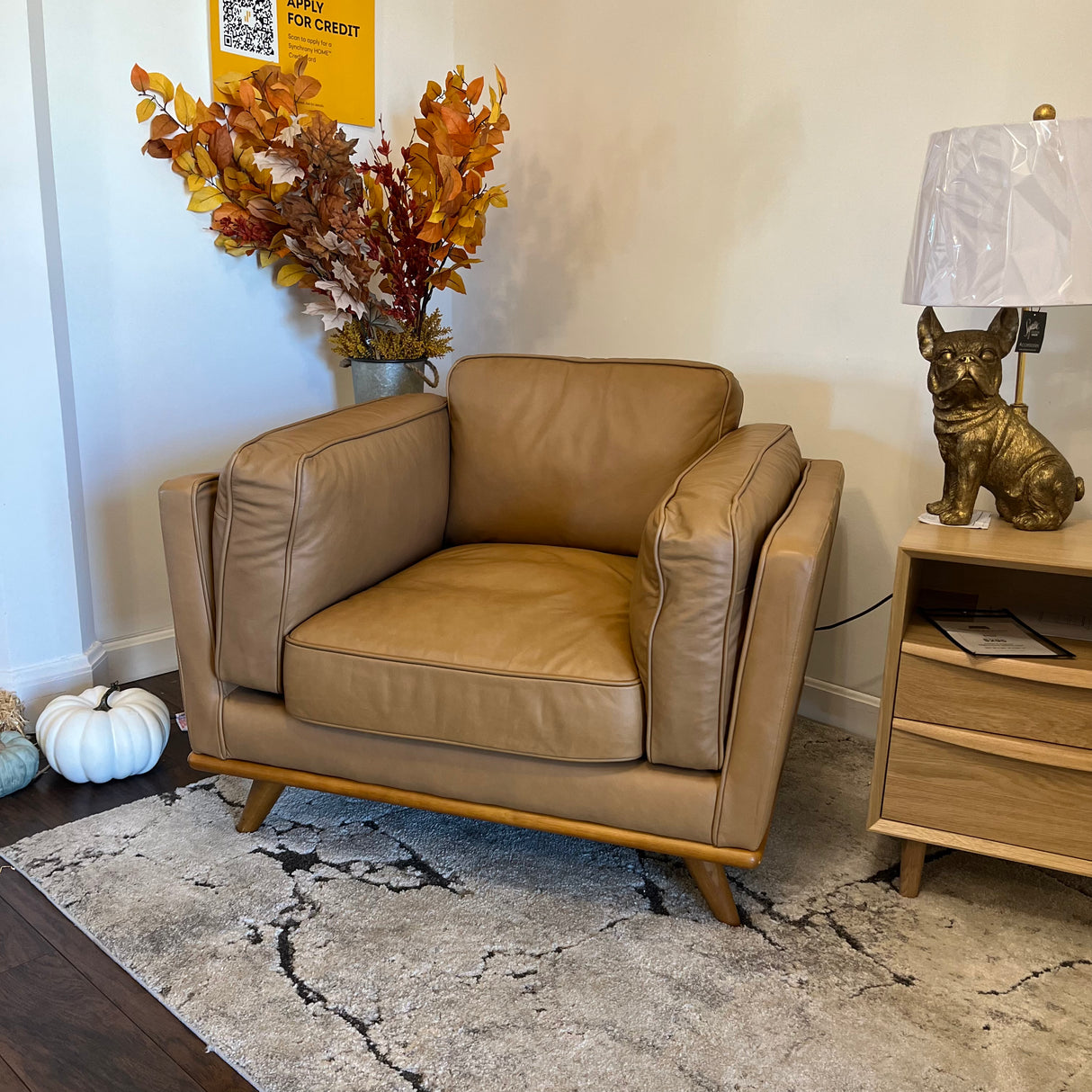 Leather MCM Lounge Chair by Article in Charme Tan leather with sleek mid-century modern design and wooden legs.
