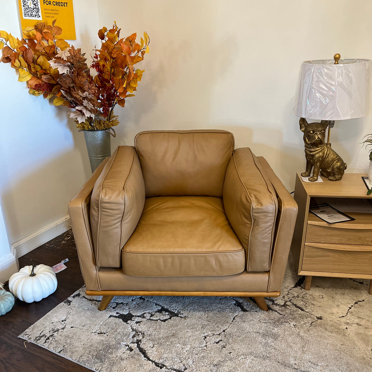 Leather MCM lounge chair in Charme Tan by Article, featuring sleek design and plush cushioning for stylish comfort.