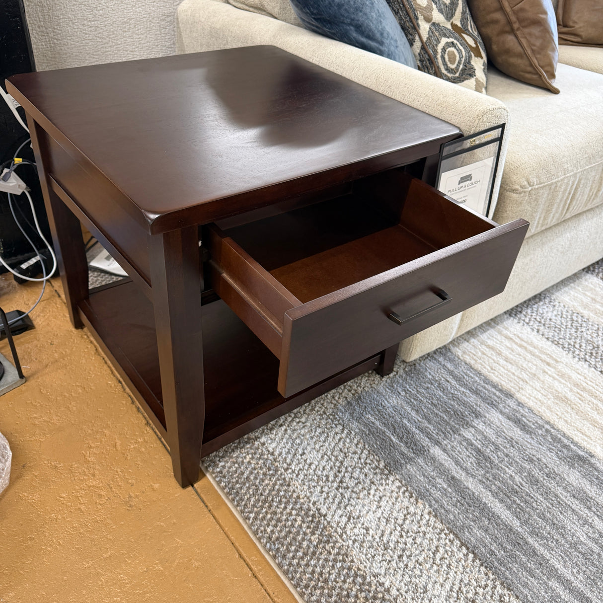 Pull Up A Couch Roseville End Table with wooden top and curved legs, showcasing classic design and natural wood finish.