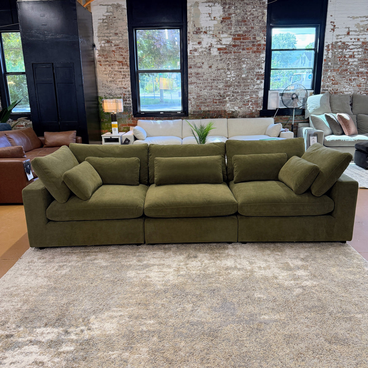 Pull Up A Couch Serenity Cloud sectional sofa, 3-piece fabric sectional with plush cushions and modern design, in a cozy living room setting.