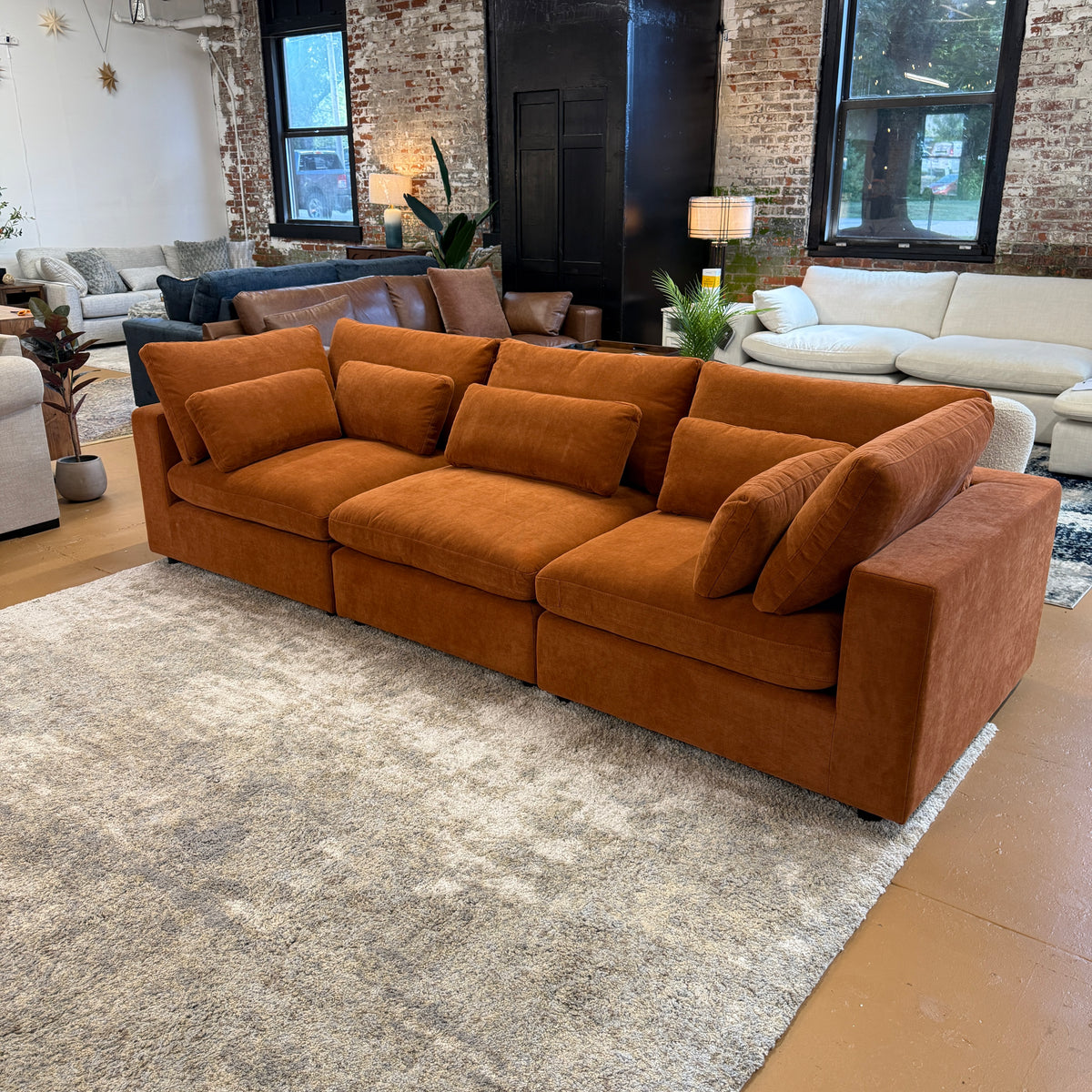 Pull Up A Couch Serenity Cloud sectional sofa, three-piece fabric sectional with plush cushions and modern design sitting in a living room.