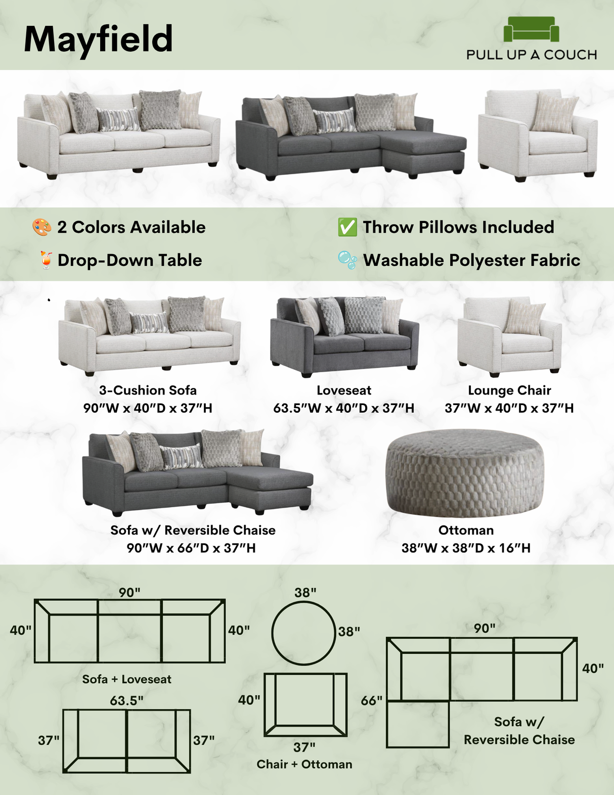 Behold Home Mayfield sectional with reversible chaise, featuring modern upholstery and plush cushions, shown from the front.