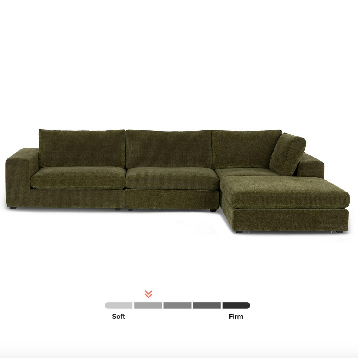 Cypress green 4-piece modular sectional sofa with matching ottoman by Article, featuring clean lines and plush cushions.