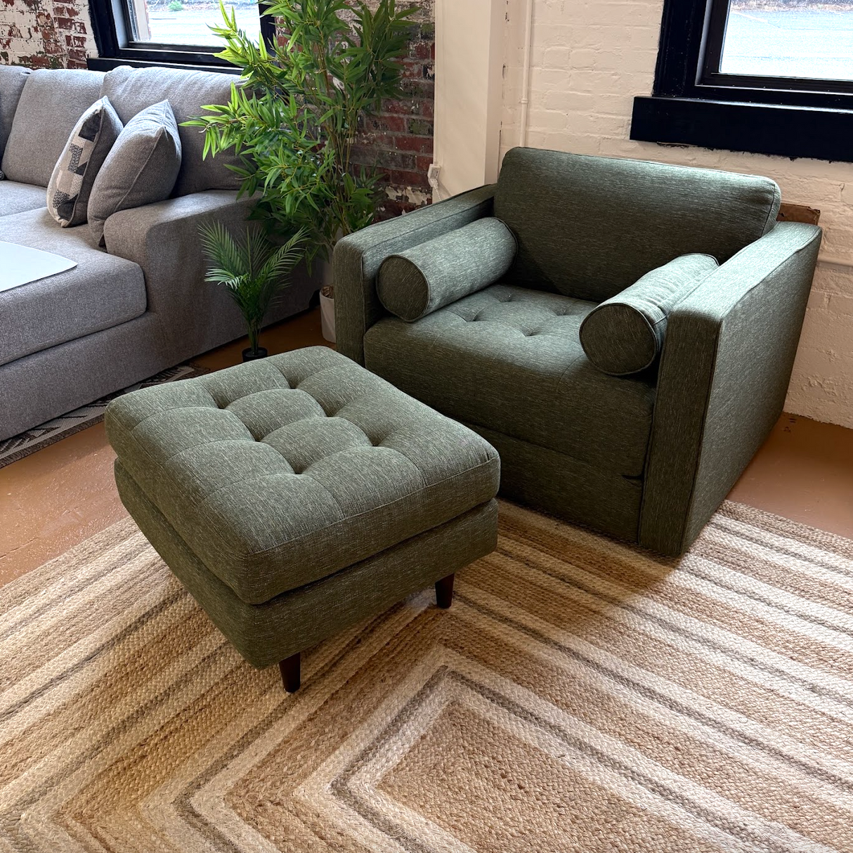 Tufted Sleeper Chair + Ottoman Set (Fir Green)