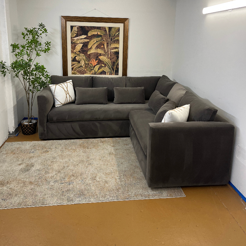 Hale Warm Gray 92-inch velvet sectional sofa by Article with plush cushions and modern corner design in a stylish living room setting.