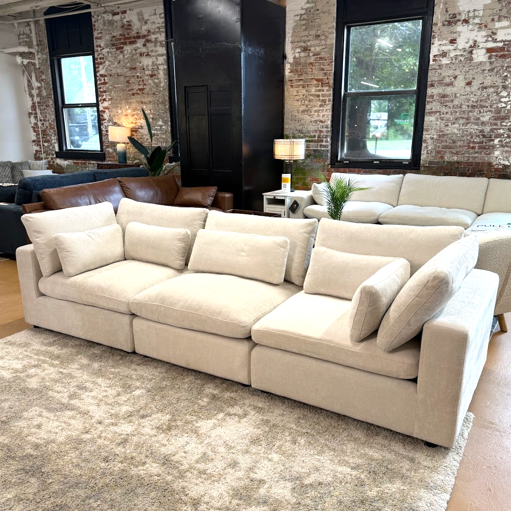 Pull Up A Couch Serenity Cloud sectional sofa, three-piece set with plush fabric, modern design, and comfortable seating.