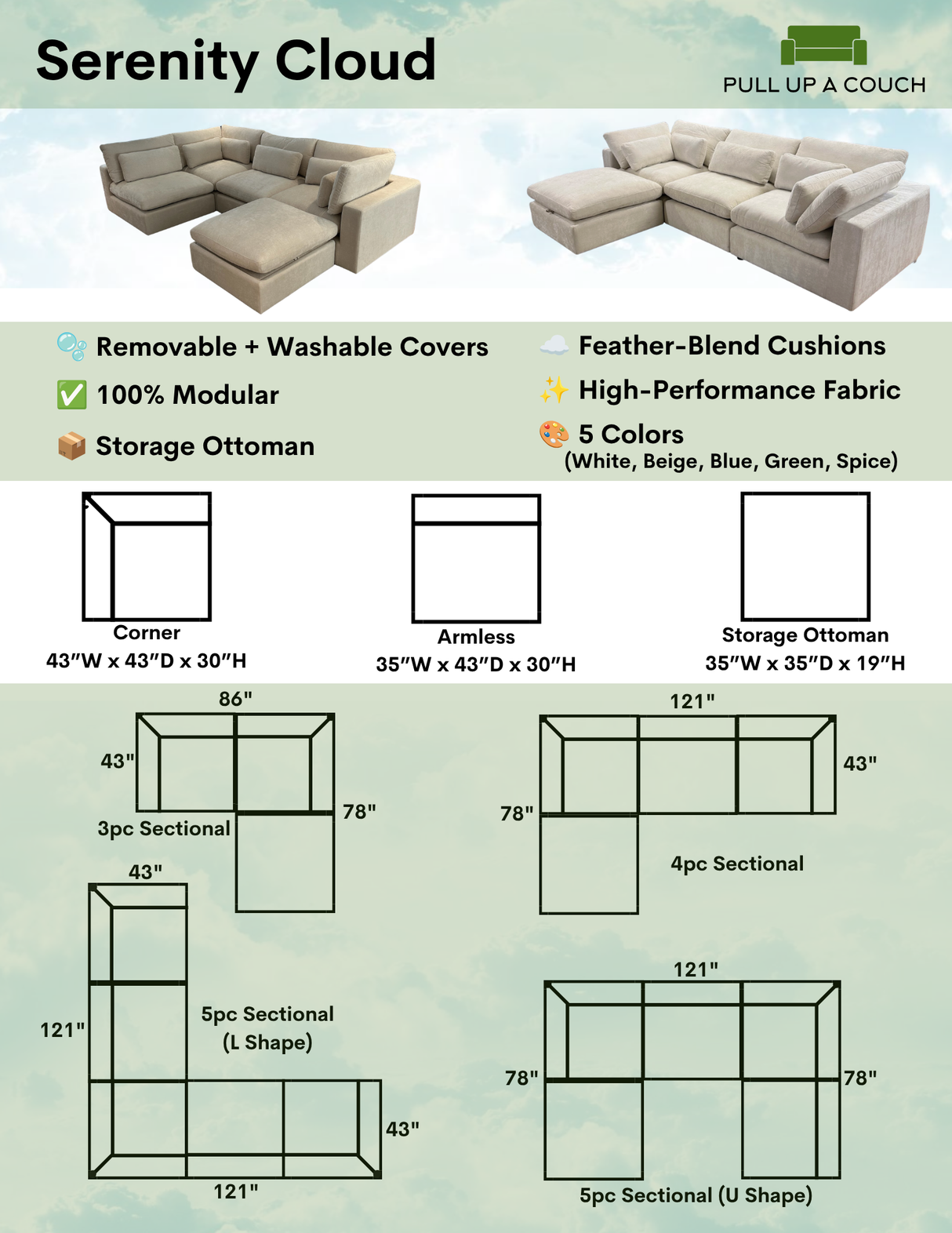 Pull Up A Couch Serenity Cloud sectional sofa in two pieces, featuring plush cushions and a modern design for comfortable seating.