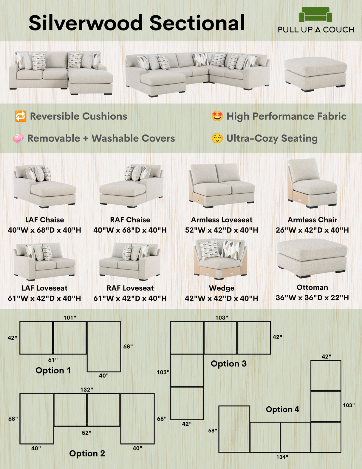 Ashley Furniture Silverwood sectional sofa with chaise, showing the front view of the stylish and comfortable living room furniture.