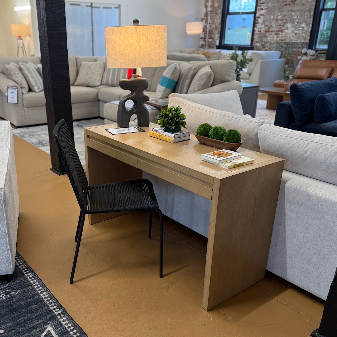 White oak 50-inch MCM-style desk with storage from Article, featuring sleek modern design and functional drawers.