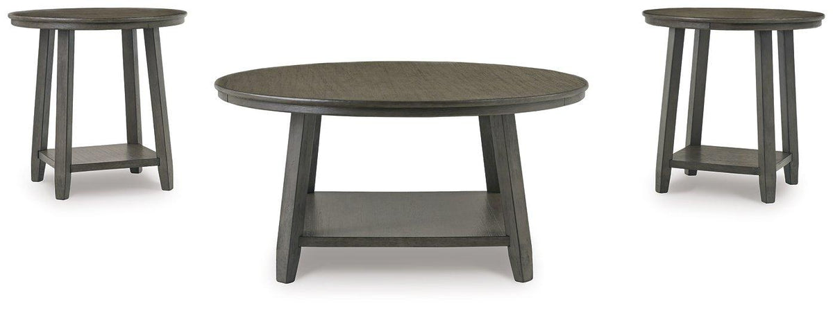 Set of three Ashley Furniture Caitbrook tables featuring wooden tops and tapered legs, ideal for living room or bedroom decor.