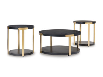 Set of three Shylore tables by Ashley Furniture, angled view showcasing modern wood design and varying sizes.