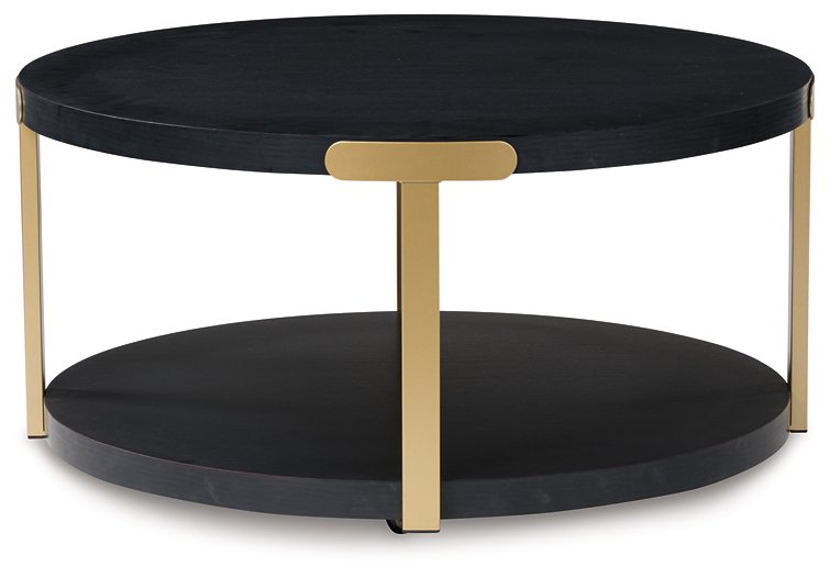 Set of three Ashley Furniture Shylore tables featuring modern wood design, shown in a natural wood finish with sleek tabletops.