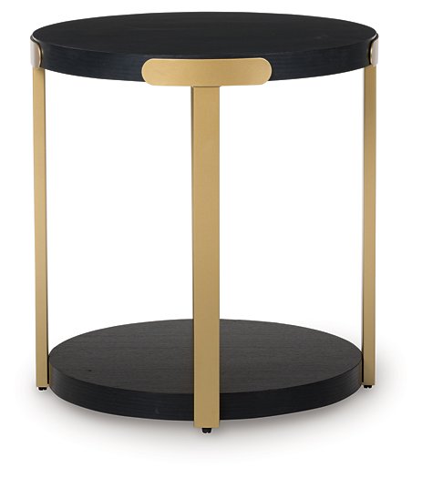 Set of three Ashley Furniture Shylore tables with sleek wood finishes, featuring end table designs shown from a head-on angle.