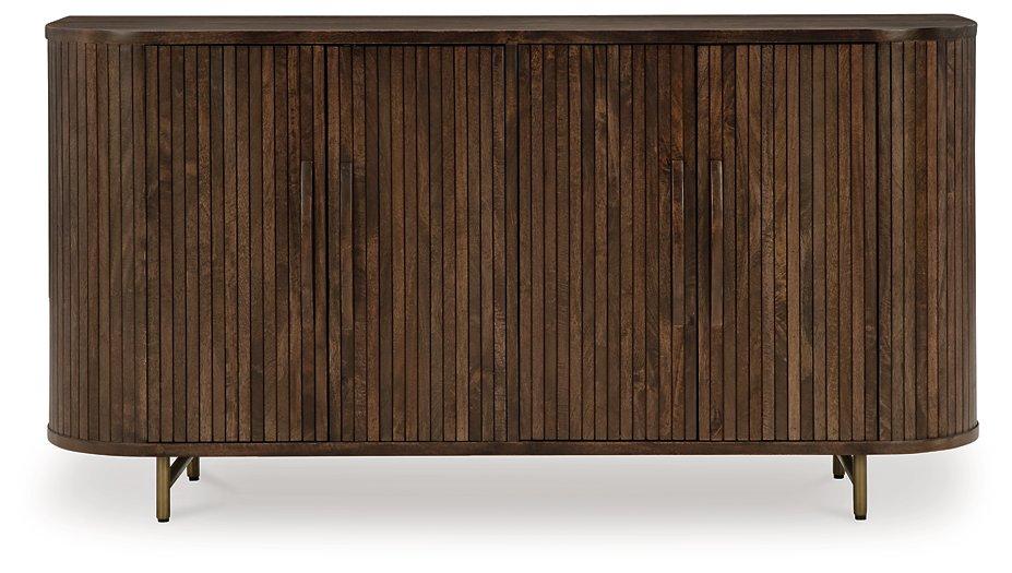Ashley Furniture Amickly Accent Cabinet with wood finish and sleek design, featuring storage doors and modern style.