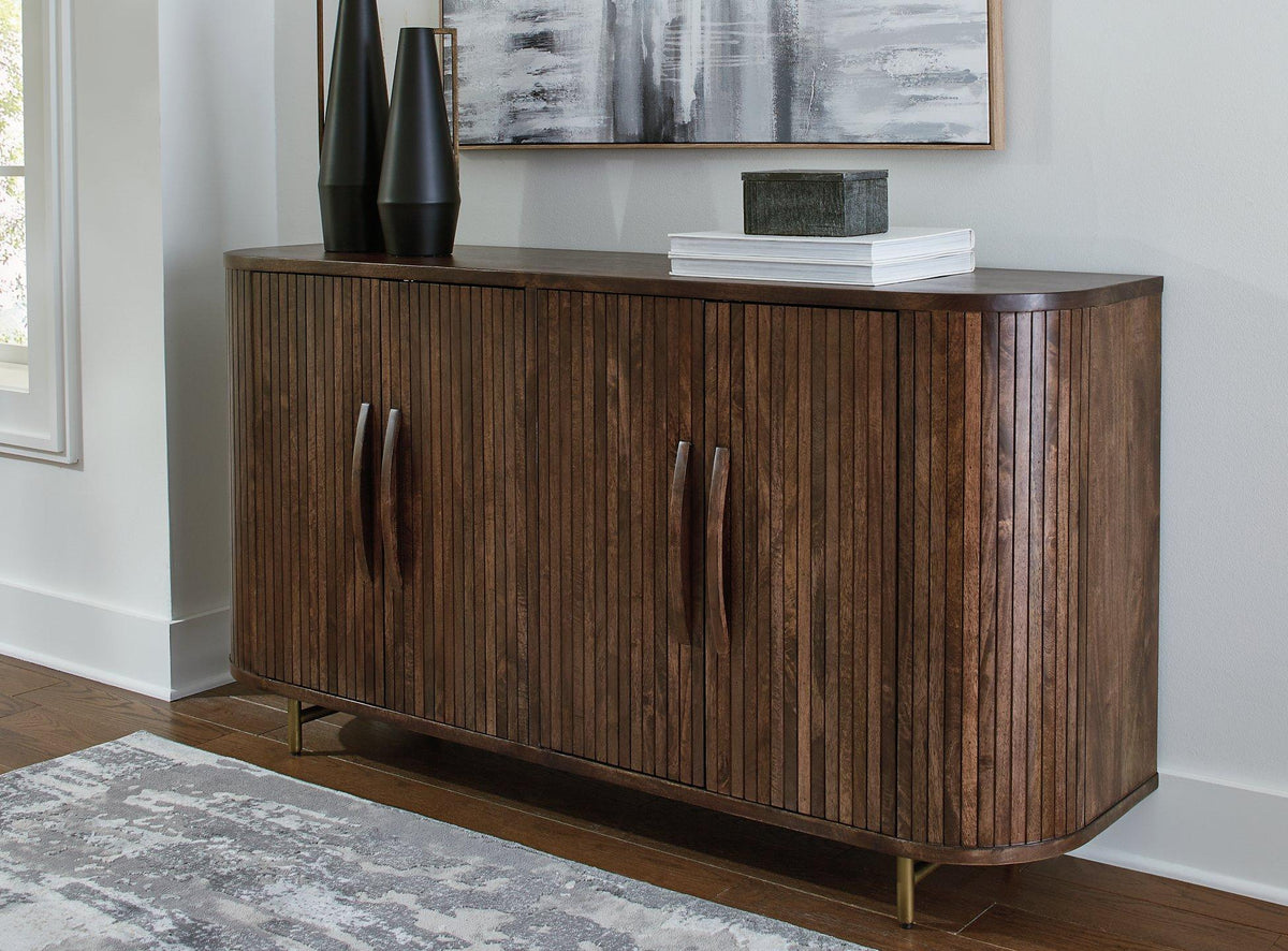 Ashley Furniture Amickly Accent Cabinet with wood finish and storage drawers, ideal for living room or hallway decor.