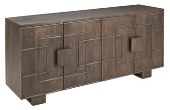 Ashley Furniture Cato Accent Cabinet with sleek wood finish and modern design, featuring storage drawers and decorative accents.