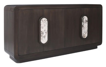 Ashley Furniture Elliston Accent Cabinet with wooden doors and metal hardware, ideal for stylish storage in living rooms or hallways.