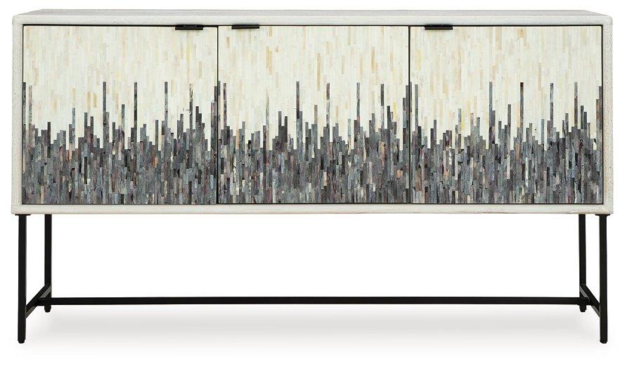 Ashley Furniture Freyton Accent Cabinet with wood finish, featuring storage drawers and a modern design for living room decor.