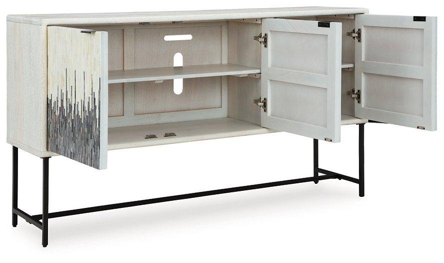 Ashley Furniture Freyton Accent Cabinet with wood finish and modern design, featuring storage drawers and decorative surface.