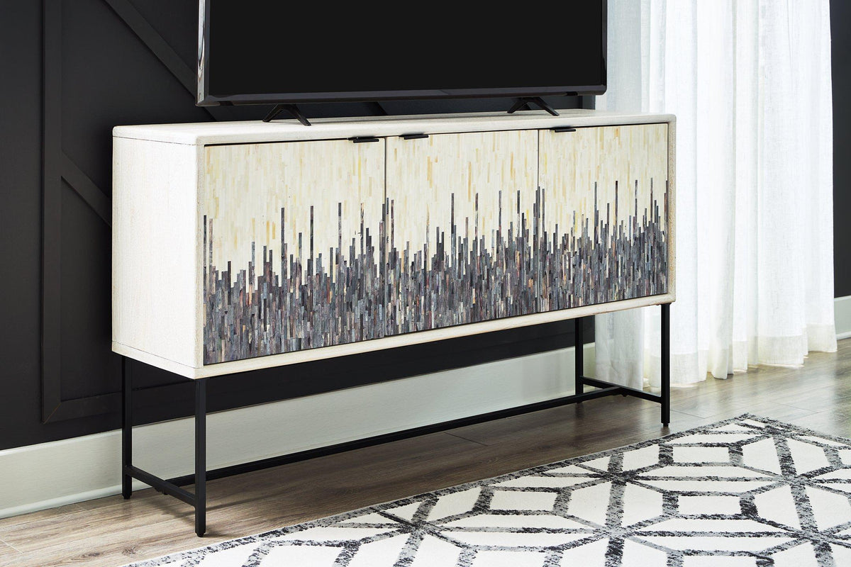Ashley Furniture Freyton Accent Cabinet showing a stylish wooden storage cabinet with a dark finish and modern design.