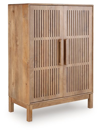 Ashley Furniture Pellamour Bar Cabinet, accent cabinet with dark wood finish and closed storage, shown from an angled view.
