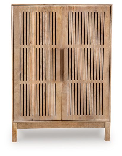 Ashley Furniture Pellamour accent bar cabinet with sleek wood finish and modern design, featuring storage shelves and a stylish top surface.