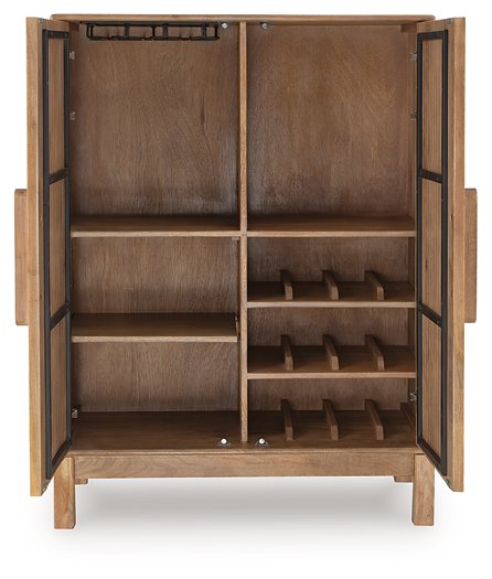 Open Ashley Furniture Pellamour Bar Cabinet accent cabinet showing interior shelves and storage space in a modern design.