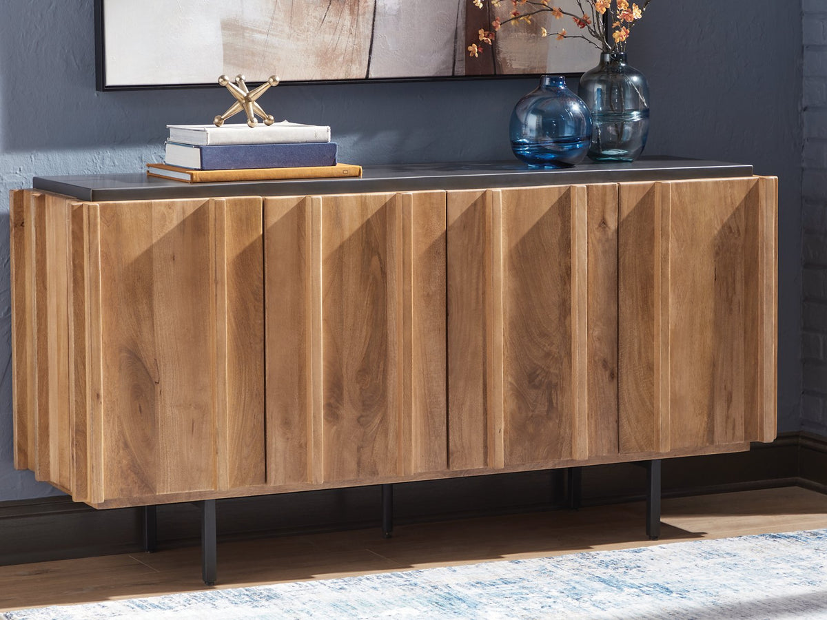 Ashley Furniture Quintavious accent cabinet with dark wood finish and decorative hardware, ideal for stylish home storage.
