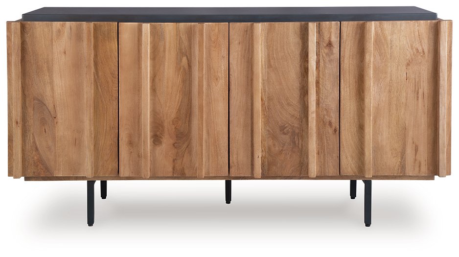 Ashley Furniture Quintavious Accent Cabinet featuring a sleek wood finish and modern design, shown from the front.