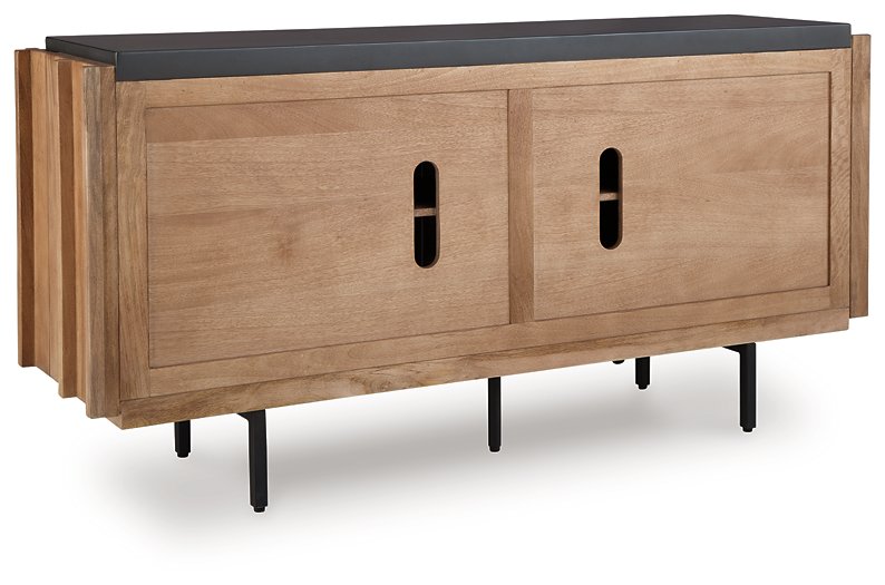 Ashley Furniture Quintavious Accent Cabinet with dark wood finish, showcasing sleek design and storage compartments.