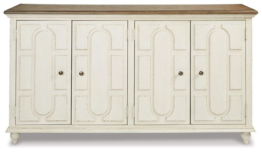Ashley Furniture Roranville accent cabinet with wood finish, featuring storage drawers and decorative design for living room decor.