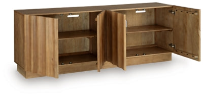 Ashley Furniture Timkins Accent Cabinet with open door revealing interior storage, showcasing modern design and wood finish.