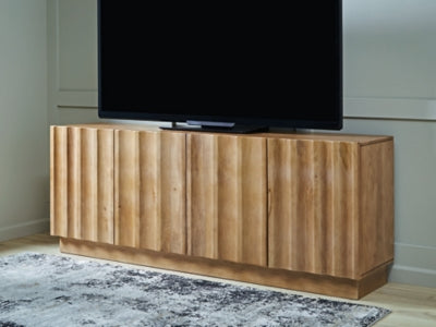 Ashley Furniture Timkins accent cabinet with a sleek wooden finish and modern design, featuring multiple storage compartments.