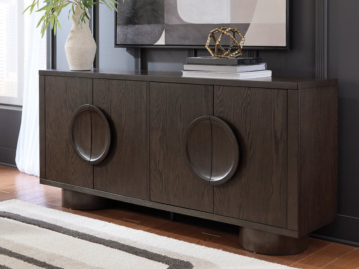 Ashley Furniture Veeda Accent Cabinet with sleek wood finish and modern design, featuring storage drawers and decorative hardware.
