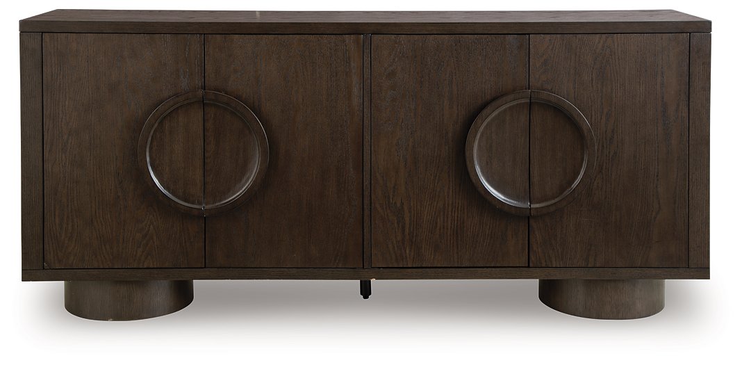 Ashley Furniture Veeda Accent Cabinet showing a sleek wooden design with cabinet doors and modern hardware.
